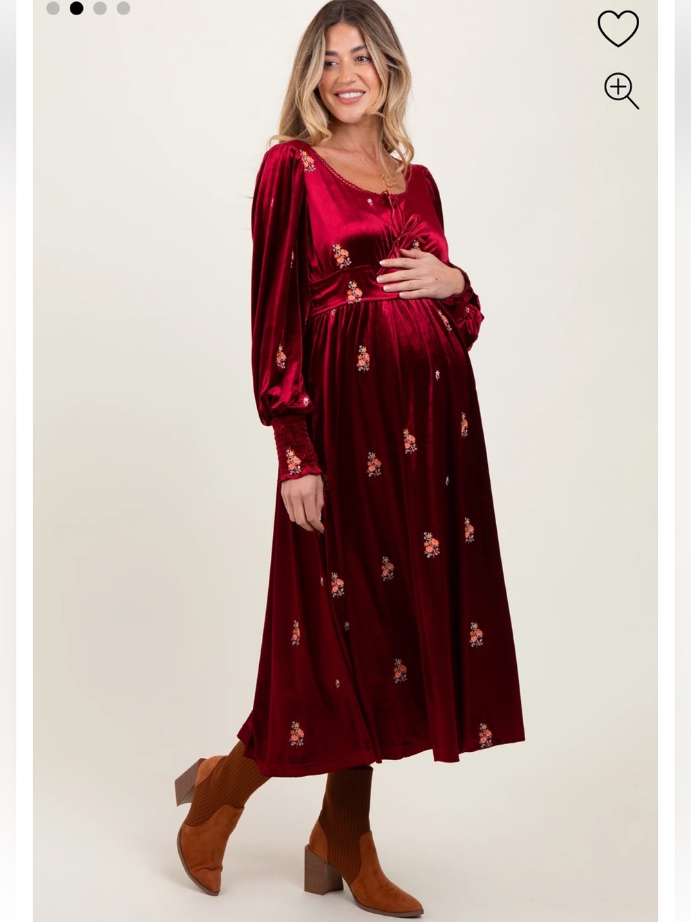 In Bloom Burgundy Wine Floral Velvet Empire Waist Maxi Dress Medium Long Sleeve